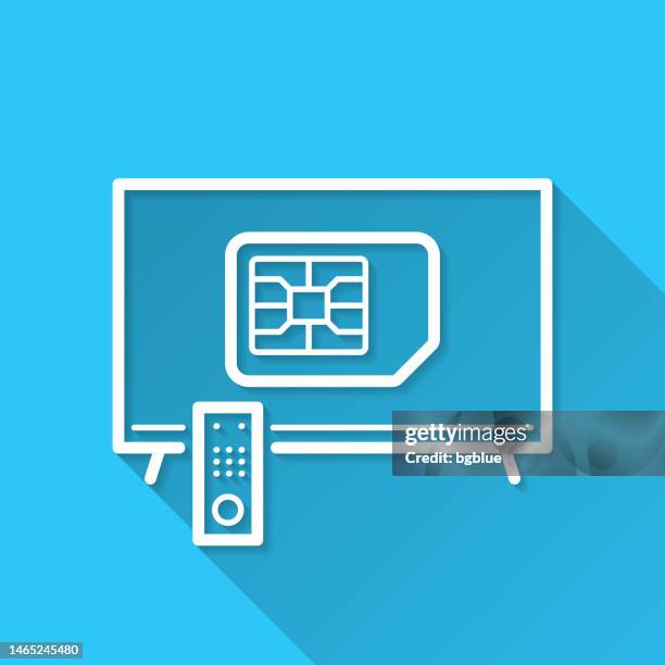 tv with sim card. icon on blue background - flat design with long shadow - computer screen close up stock illustrations