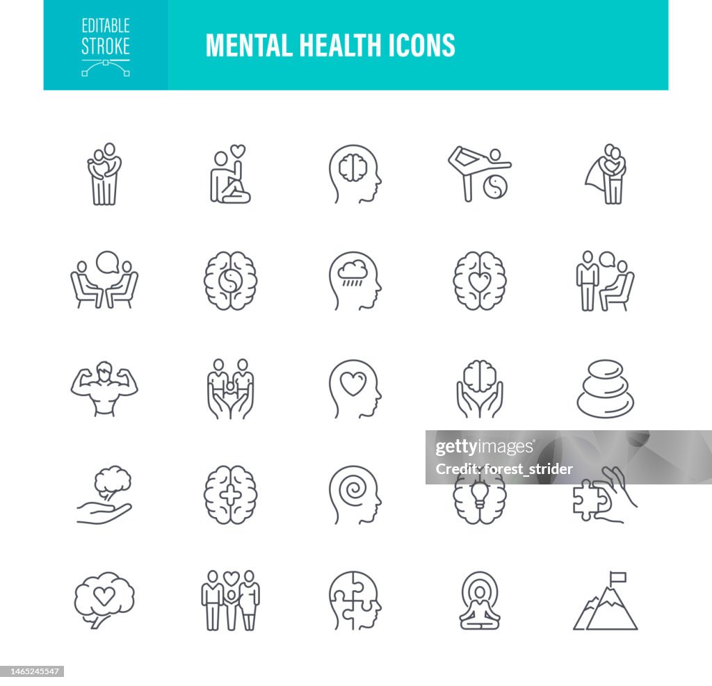 Ícones de Saúde Mental Acidente Vascular Cerebral Editável. Para dispositivos móveis e Web. Contém ícones como Cuidado, Memórias, Cérebro Humano, Acordo, Empatia