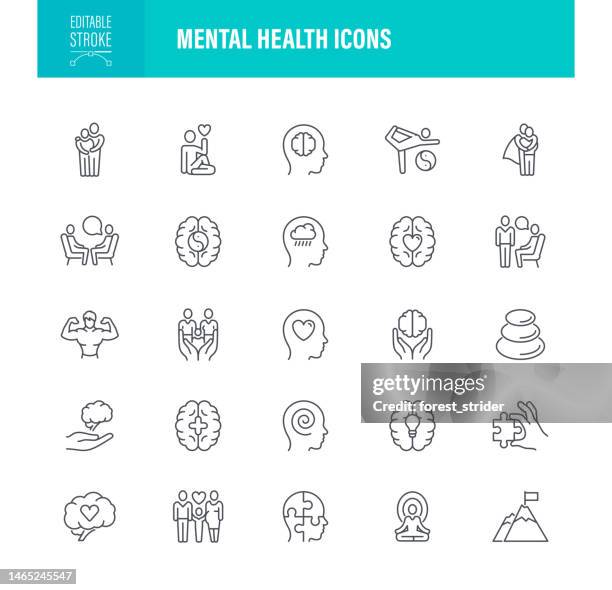 ilustrações, clipart, desenhos animados e ícones de ícones de saúde mental acidente vascular cerebral editável. para dispositivos móveis e web. contém ícones como cuidado, memórias, cérebro humano, acordo, empatia - recovery