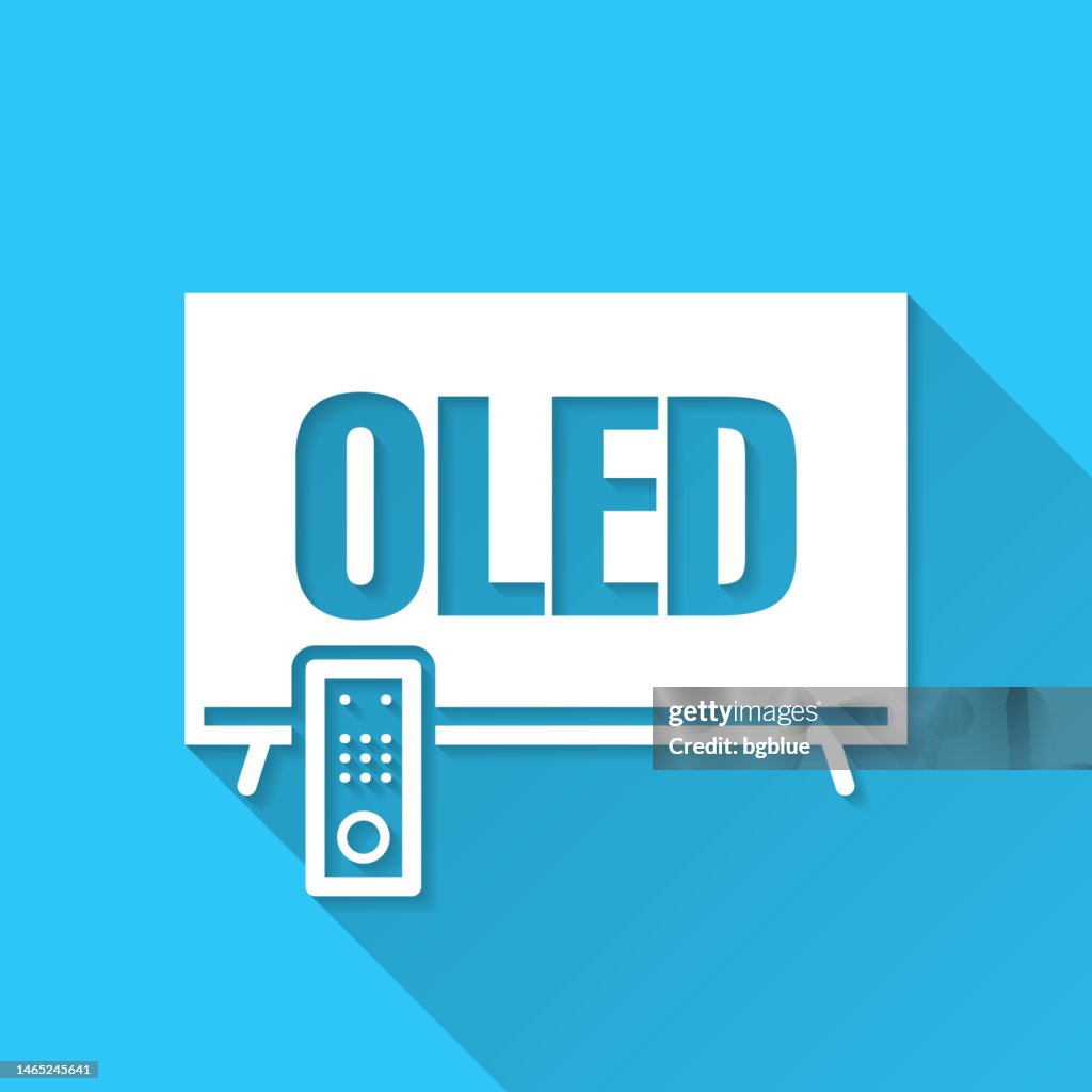 OLED TV. Icon on blue background - Flat Design with Long Shadow