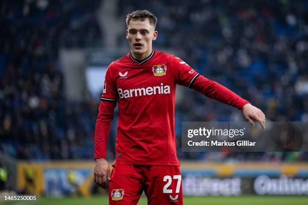 Florian Wirtz of Leverkusen gestures during the Bundesliga match between TSG Hoffenheim and Bayer 04 Leverkusen at PreZero-Arena on February 11, 2023...