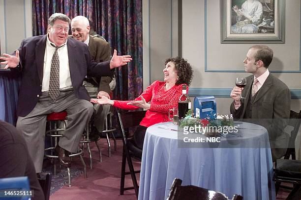 Cheerful Goodbyes" Episode 21 -- Pictured: George Wendt as Norm Peterson, Rhea Perlman as Carla Tortelli LeBec, David Hyde Pierce as Dr. Niles Crane...