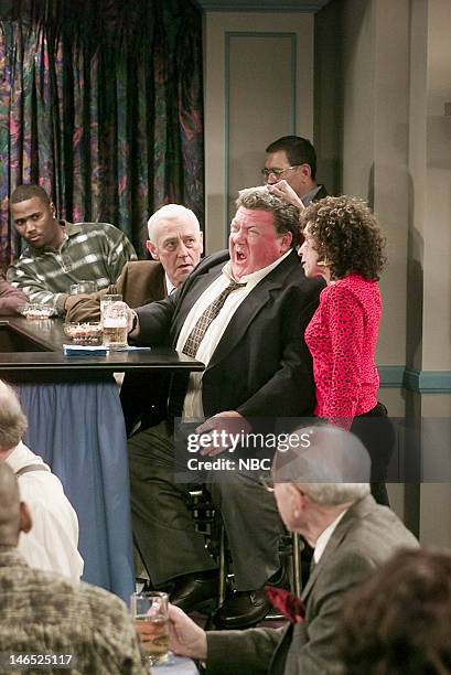 Cheerful Goodbyes" Episode 21 -- Pictured: John Mahoney as Martin Crane, George Wendt as Norm Peterson, Rhea Perlman as Carla Tortelli LeBec --