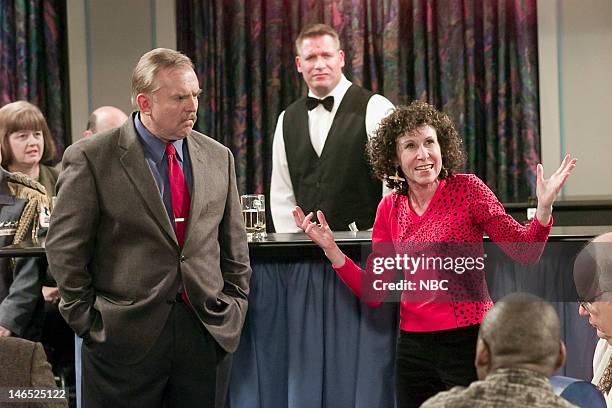 Cheerful Goodbyes" Episode 21 -- Pictured: John Ratzenberger as Cliff Clavin, Rhea Perlman as Carla Tortelli LeBec --