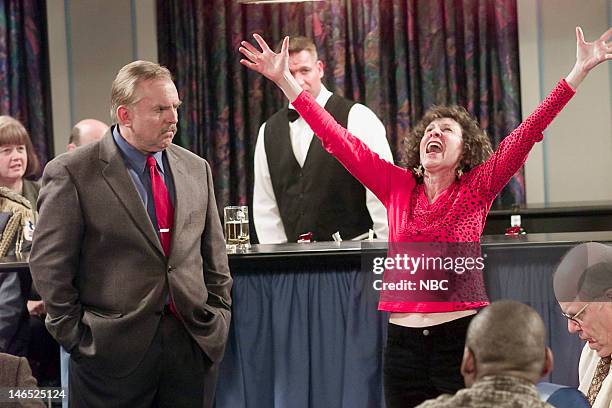 Cheerful Goodbyes" Episode 21 -- Pictured: John Ratzenberger as Cliff Clavin, Rhea Perlman as Carla Tortelli LeBec --