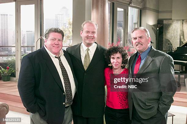 Cheerful Goodbyes" Episode 21 -- Pictured: George Wendt as Norm Peterson, Kelsey Grammer as Dr. Frasier Crane, Rhea Perlman as Carla Tortelli LeBec,...