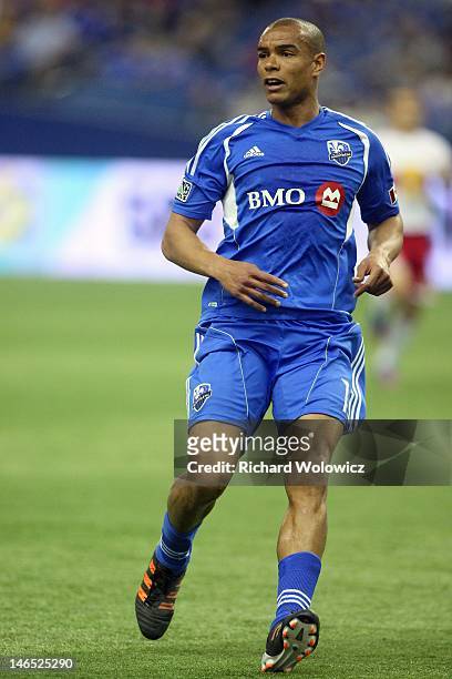 Matteo Ferrari of the Montreal Impact runs during the MLS match against the New York Red Bulls at the Olympic Stadium on May 19, 2012 in Montreal,...