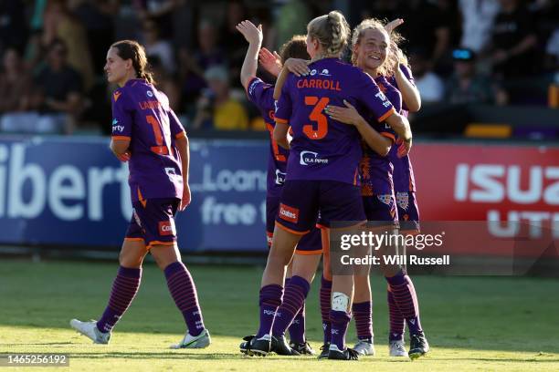 The Glory celebrate after defeating the Jets 4-0 during the round 14 A-League Women's match between Perth Glory and Newcastle Jets at Macedonia Park,...