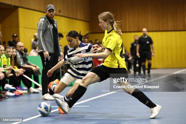 Game play during the match between MSV Duisburg and Alemannia Aachen of the DFB-Futsal B-Juniors Girls Cup at Futsal Hall on February 12, 2023 in...