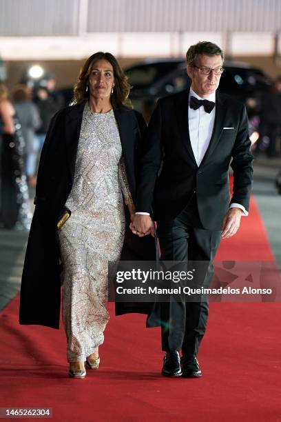 Alberto Nuñez Feijoo and Eva Cardenas arrive at the Goya Cinema Awards 2023 at FIBES Conference and Exhibition Centre on February 11, 2023 in...