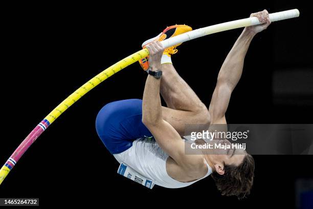 Armand Duplantis of Sweden competes in Men's Pole Vault during the ISTAF Indoor Berlin at Mercedes-Benz Arena on February 10, 2023 in Berlin, Germany.