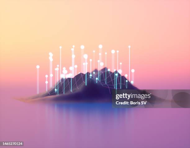 island with glowing particles - abstract connection technology background stock pictures, royalty-free photos & images