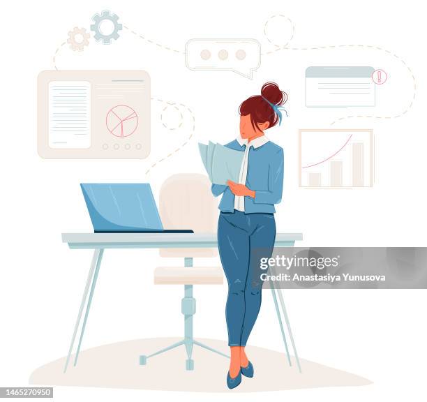ilustrações de stock, clip art, desenhos animados e ícones de girl is reading some documents - business woman desk stand