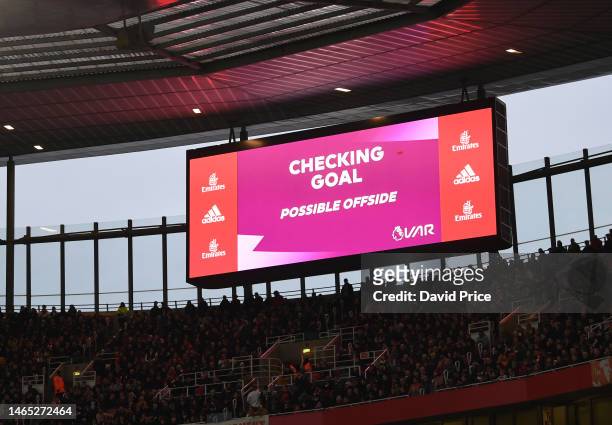 The Big screen shows that VAR is checking the Brentford goal during the Premier League match between Arsenal FC and Brentford FC at Emirates Stadium...