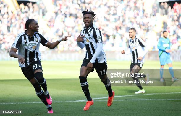 Destiny Udogie of Udinese celebrates scoring a goal with Kingsley Ehizibue during the Serie A match between Udinese Calcio and US Sassuolo at Dacia...