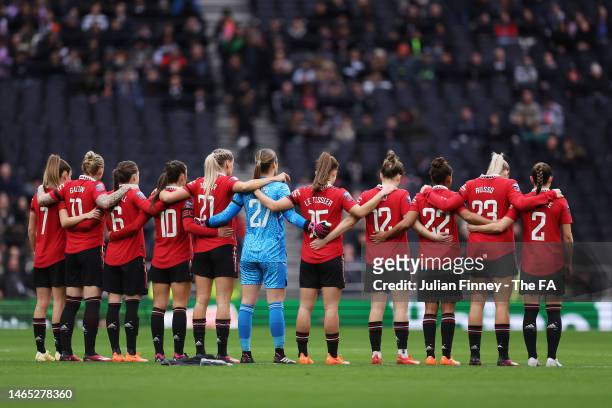 Manchester United players observe a minute of silence for the victims of the earthquake in Turkey in Syria prior to the FA Women's Super League match...