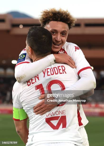 Wissam Ben Yedder of AS Monaco celebrates with team mate Eliesse Ben Seghir after scoring to give the side a 3-1 lead during the Ligue 1 match...