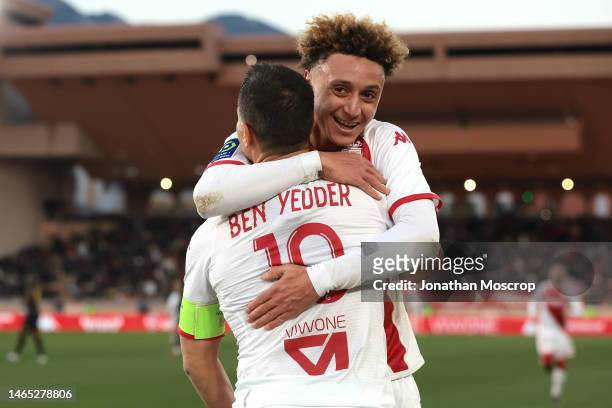 Wissam Ben Yedder of AS Monaco celebrates with team mate Eliesse Ben Seghir after scoring to give the side a 3-1 lead during the Ligue 1 match...
