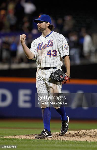 Dickey of the New York Mets celebrates after pitching a complete game one hitter against the Baltimore Orioles at Citi Field on June 18, 2012 in the...