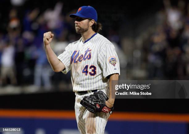 Dickey of the New York Mets celebrates after pitching a complete game one hitter against the Baltimore Orioles at Citi Field on June 18, 2012 in the...