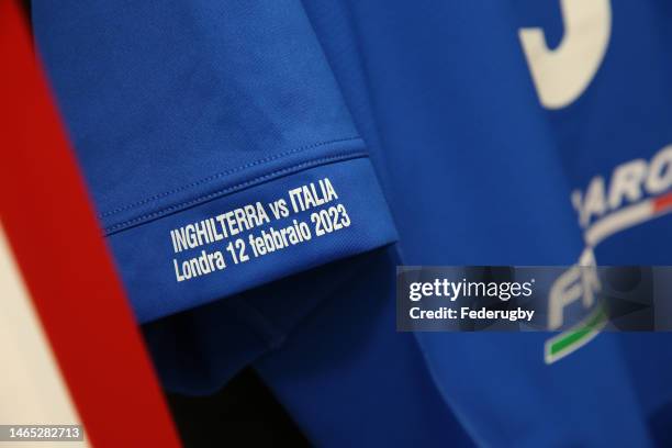 Detail of a shirt hanging up in the Italian dressing room prior to the Six Nations Rugby match between England and Italy at Twickenham Stadium on...