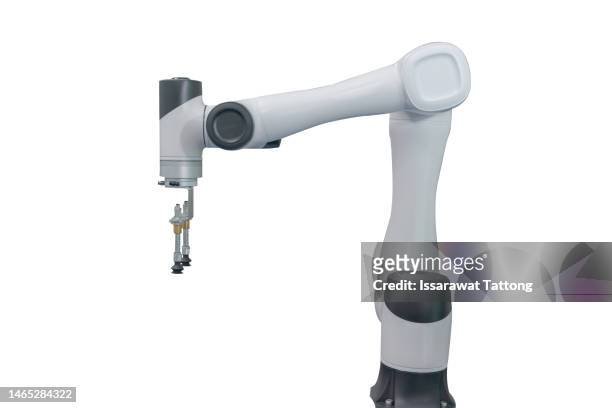 industrial robotic arm isolated on white background - robot arm stock-fotos und bilder