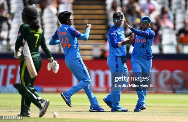 Deepti Sharma of India celebrates the wicket of Javeria Wadood of Pakistan during the ICC Women's T20 World Cup group B match between India and...