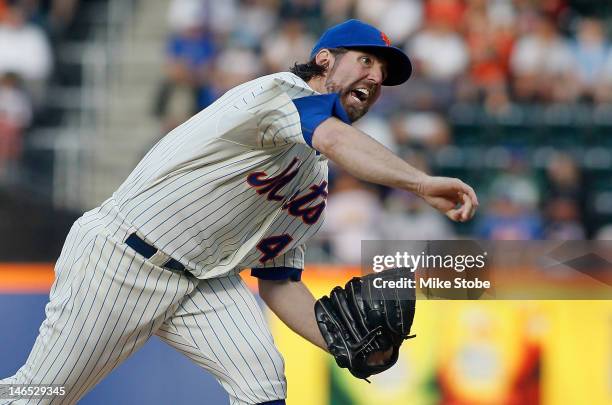 Dickey of the New York Mets pitches in the first-inning against the Baltimore Orioles at Citi Field on June 18, 2012 in the Flushing neighborhood of...
