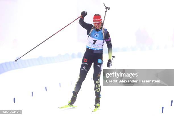 Denise Herrmann-Wick of Germany celebrates winning the 2nd place at the finish line of the Women 10 km Pursuit at the IBU World Championships...