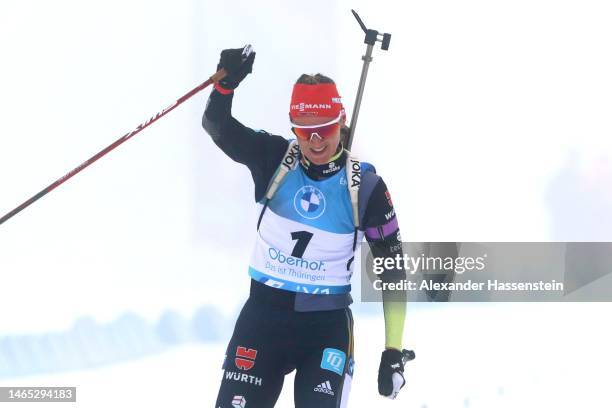 Denise Herrmann-Wick of Germany celebrates winning the 2nd place at the finish line of the Women 10 km Pursuit at the IBU World Championships...