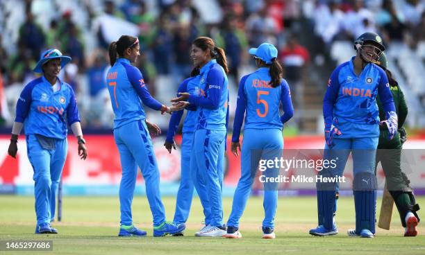 Radha Yadav of India celebrates the wicket of Sidra Amin of Pakistan during the ICC Women's T20 World Cup group B match between India and Pakistan at...