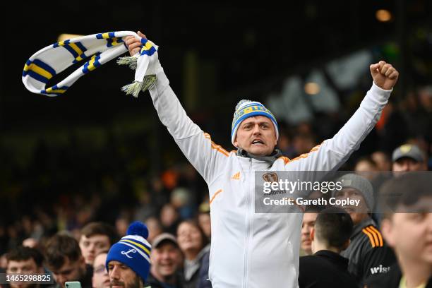 Leeds United fan shows their support prior to the Premier League match between Leeds United and Manchester United at Elland Road on February 12, 2023...
