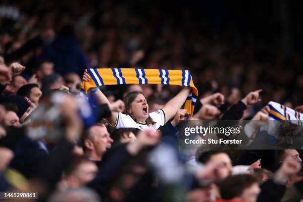 Leeds United fan shows their support prior to the Premier League match between Leeds United and Manchester United at Elland Road on February 12, 2023...