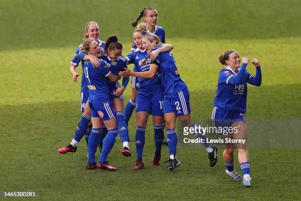 Hannah Cain of Leicester City celebrates with teammates after scoring the team's first goal during the FA Women's Super League match between...