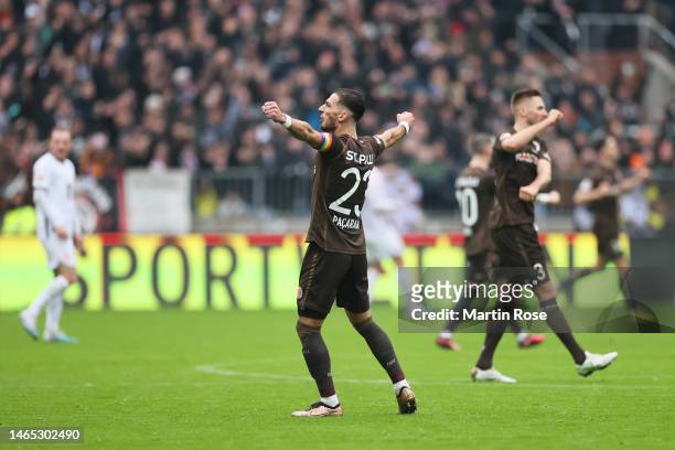 Leart Paqarada of FC St. Pauli celebrates following the team's victory in the Second Bundesliga match between FC St. Pauli and 1. FC Kaiserslautern...