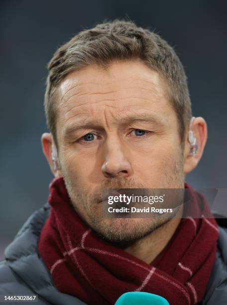 Jonny Wilkinson talks for ITV Sport prior to the Six Nations Rugby match between England and Italy at Twickenham Stadium on February 12, 2023 in...