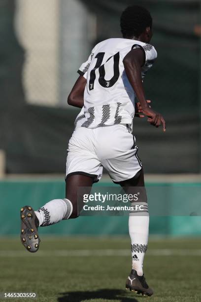 Demba Sall Samb of Juventus celebrates his goal during the match between Torino U15 and Juventus U15 at Cit Turin on February 12, 2023 in Turin,...