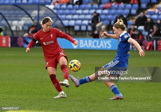 Fuka Nagano of Liverpool Women competing with Carrie Jones of Leicester City Woman during the FA Women's Super League match between Liverpool and...