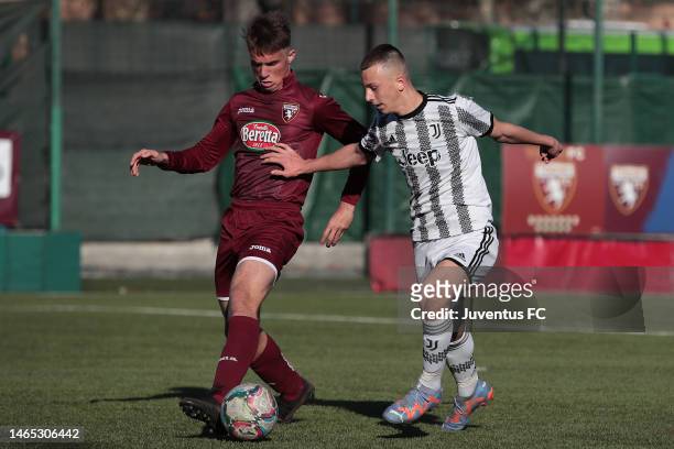 Marco Tiozzo Pagio of Juventus competes for the ball during the match between Torino U15 and Juventus U15 at Cit Turin on February 12, 2023 in Turin,...