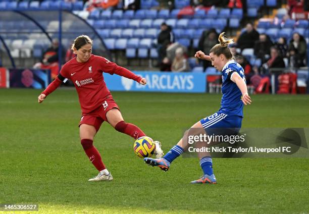 Fuka Nagano of Liverpool Women competing with Carrie Jones of Leicester City Woman during the FA Women's Super League match between Liverpool and...