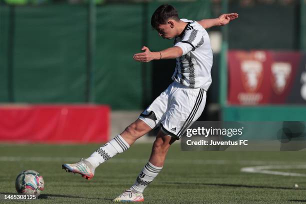 Paolo Ceppi of Juventus kicks the ball during the match between Torino U15 and Juventus U15 at Cit Turin on February 12, 2023 in Turin, Italy.