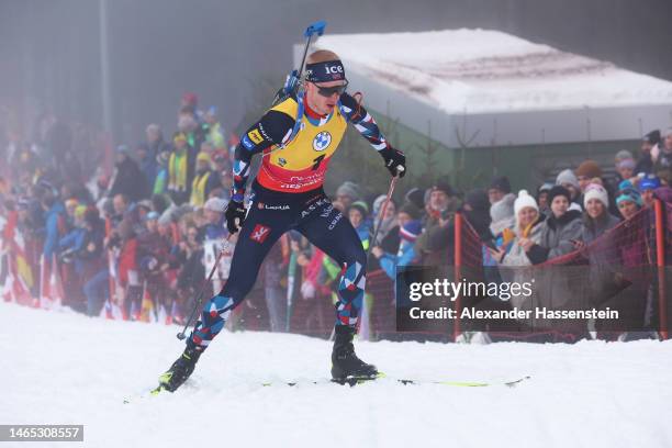 Johannes Thingnes Boe of Norway competes during the Men 12.5 km Pursuit at the IBU World Championships Biathlon Oberhof on February 12, 2023 in...