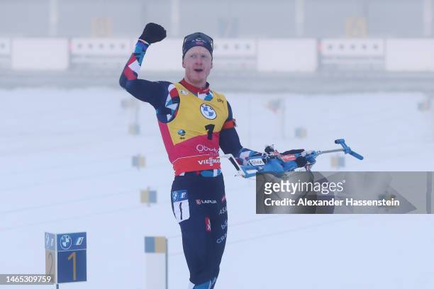 Johannes Thingnes Boe of Norway celebrates after completing the shooting section during the Men 12.5 km Pursuit at the IBU World Championships...