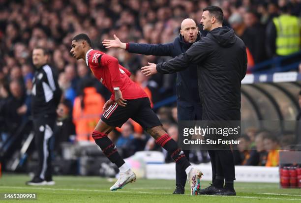 Erik ten Hag, Manager of Manchester United, argues with Fourth Official Andy Madley during the Premier League match between Leeds United and...