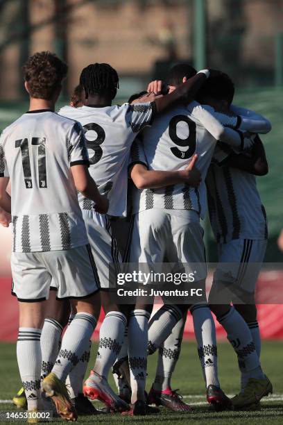 Demba Sall Samb of Juventus celebrates his second goal with his team-mates during the match between Torino U15 and Juventus U15 at Cit Turin on...