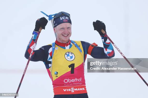 Johannes Thingnes Boe of Norway celebrates after crossing the finish line to win the Men 12.5 km Pursuit at the IBU World Championships Biathlon...