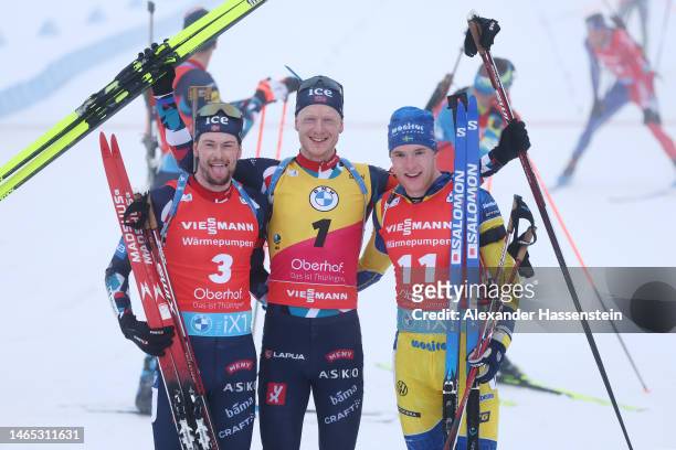 Silver medalist, Sturla Holm Laegreid of Norway, gold medalist, Johannes Thingnes Boe of Norway and bronze medalist, Sebastian Samuelsson of Sweden...