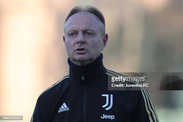 Juventus Under 15 head coach Marcello Benesperi looks on during the match between Torino U15 and Juventus U15 at Cit Turin on February 12, 2023 in...