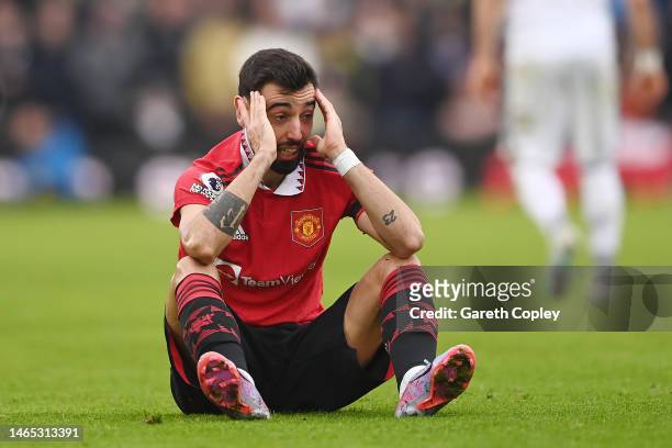 Bruno Fernandes of Manchester United reacts during the Premier League match between Leeds United and Manchester United at Elland Road on February 12,...