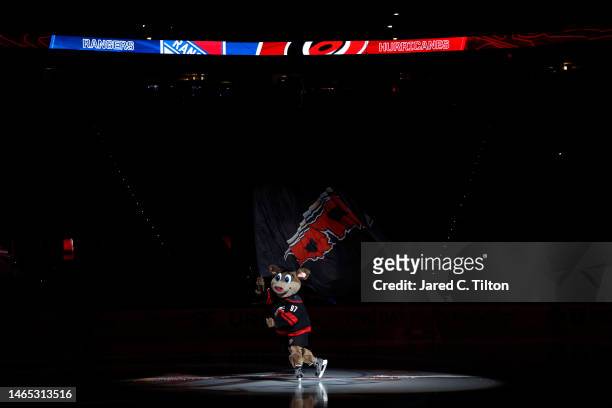 The Carolina Hurricanes' mascot Stormy skates prior to the first period of the game against the New York Rangers at PNC Arena on February 11, 2023 in...